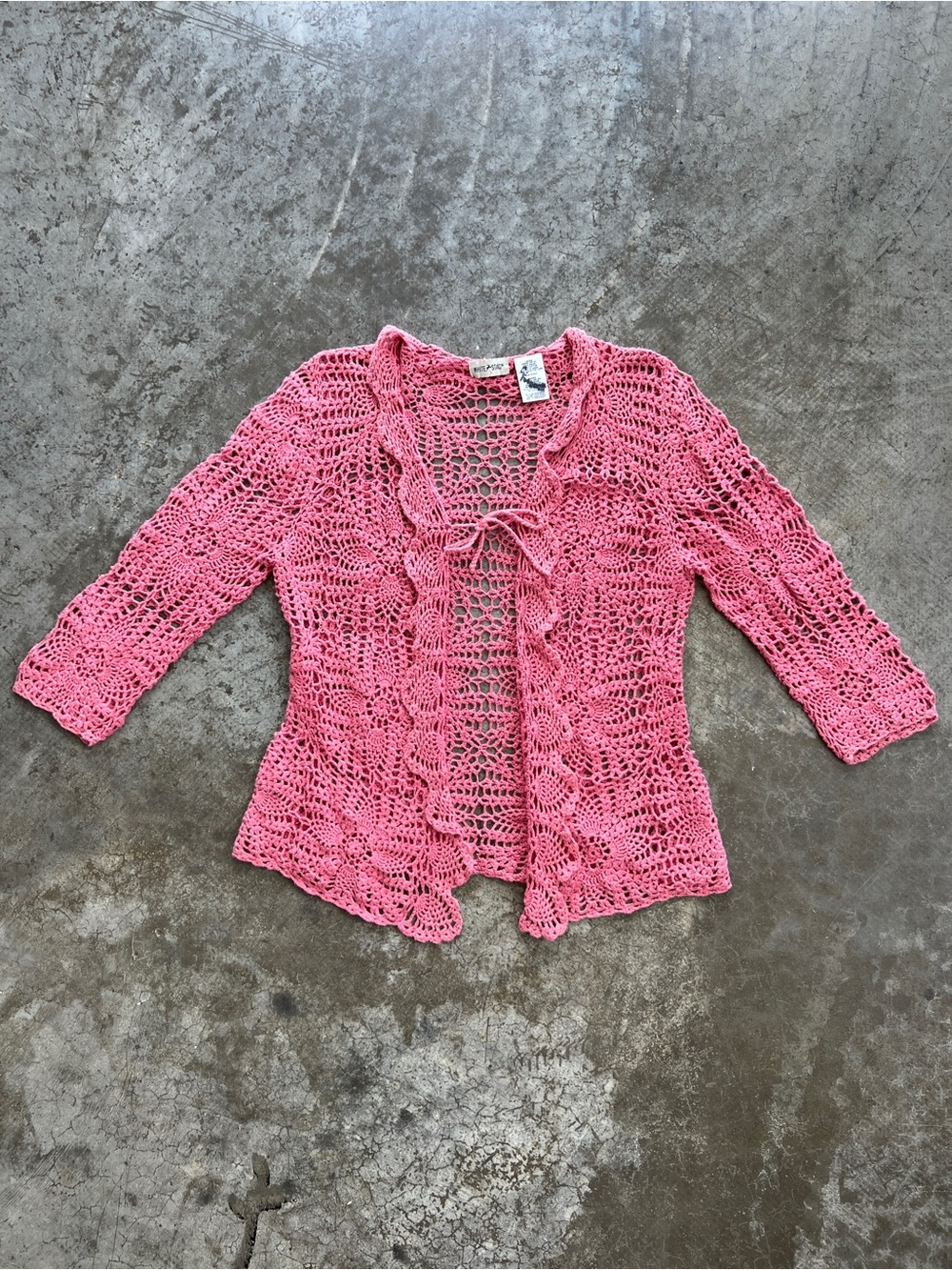 White Stag Pink Crochet Cardigan Tie Front Open Knit Cottage Fairy Women's Large